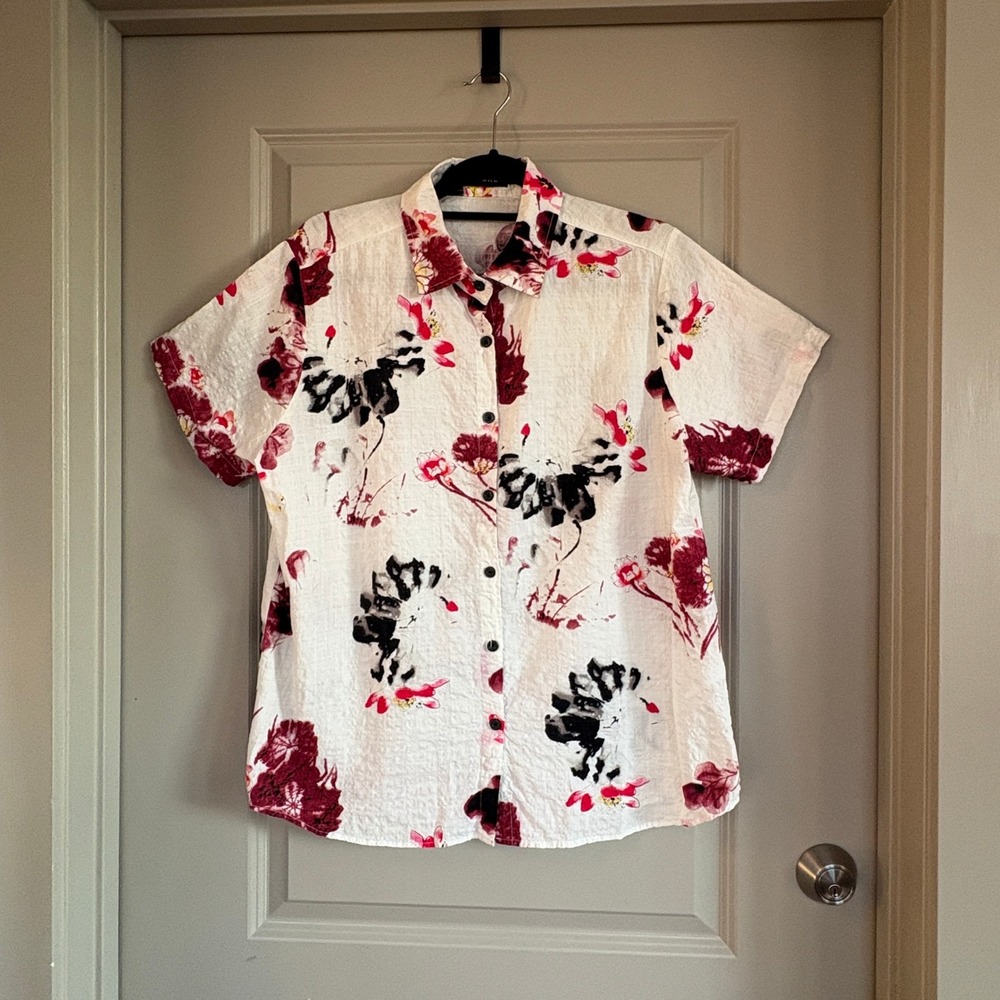 Jogal Floral Button Down Shirt Textured Short Sleeve White Burgundy XL